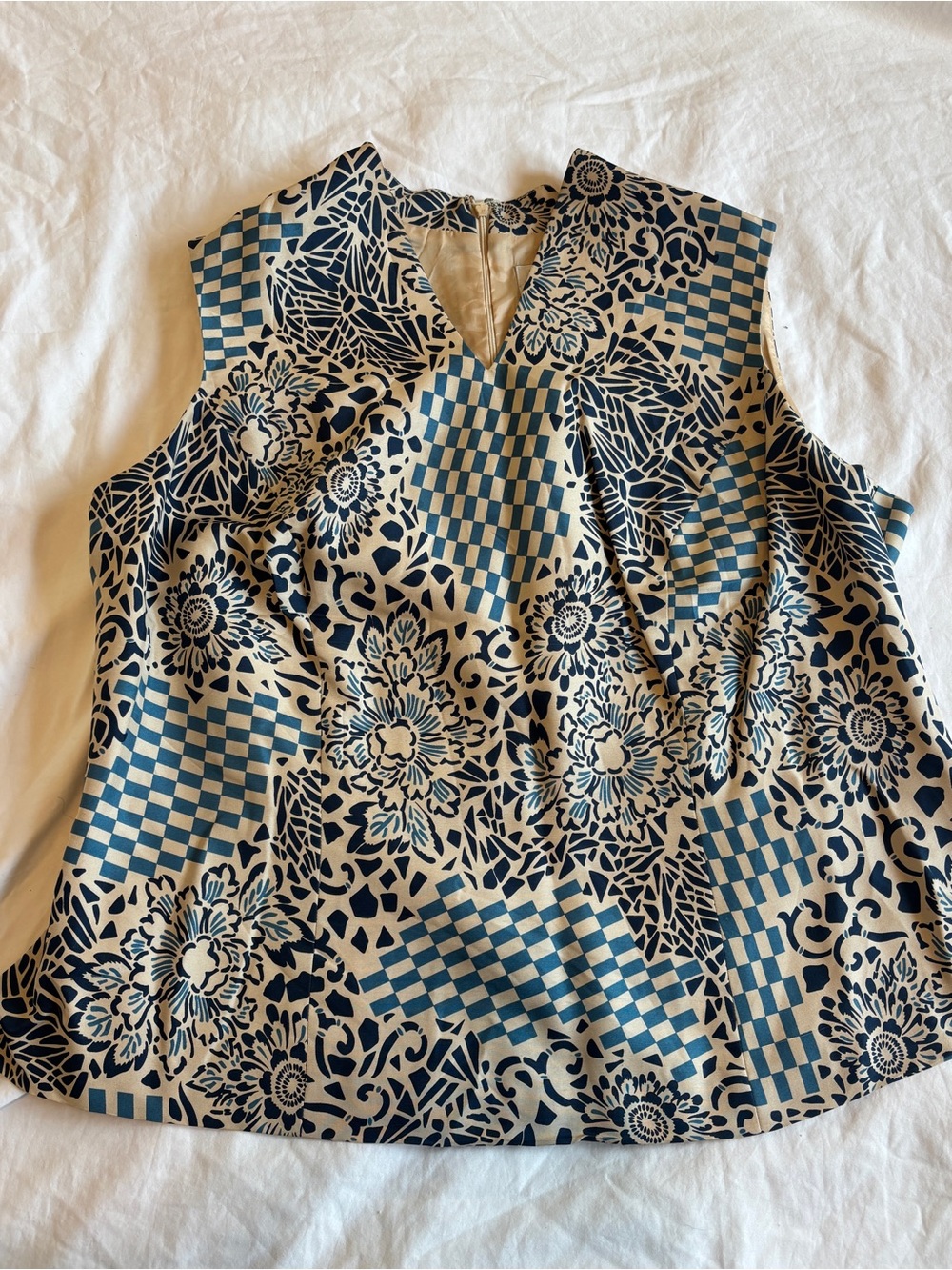 Adrianna Papell Navy and Cream Floral Checkerboard Tank Top